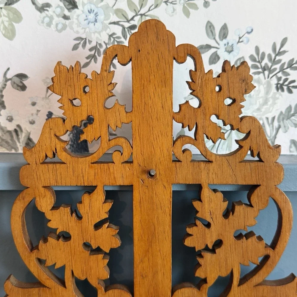 Vintage Hand Carved Wood Wall Shelf Ornate Scrollwork Cottagecore Cross